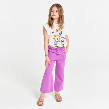 تيشيرت بأكمام قصيرة متموجة باللون الأبيض للفتيات الصغيرات